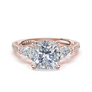 3-Stone Pear Diamond Side Cushion Engagement Ring in 14kt Rose Gold