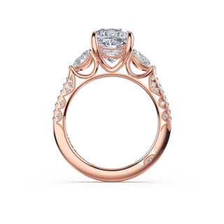 3-Stone Pear Diamond Side Cushion Engagement Ring in 14kt Rose Gold