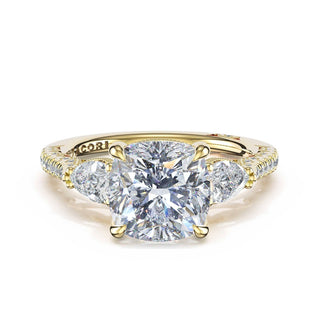 3-Stone Pear Diamond Side Cushion Engagement Ring in 18kt Yellow Gold