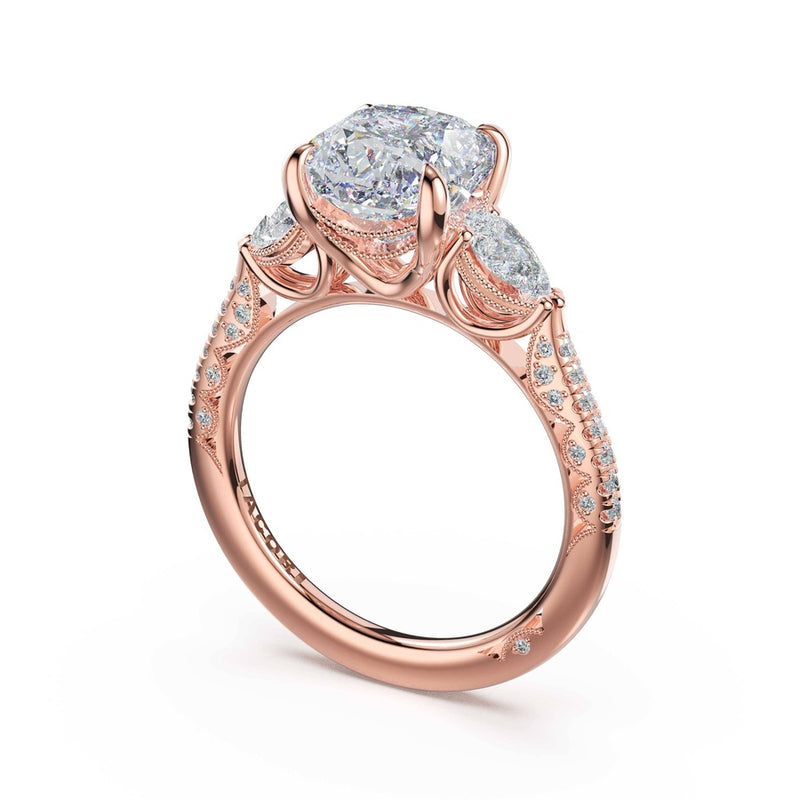 3-Stone Pear Diamond Side Cushion Engagement Ring in 18kt Rose Gold