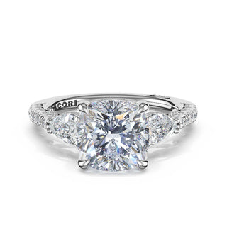 3-Stone Pear Diamond Side Cushion Engagement Ring in 18kt White Gold