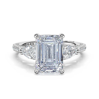 3-Stone Pear Diamond Side Emerald Engagement Ring in 18kt White Gold