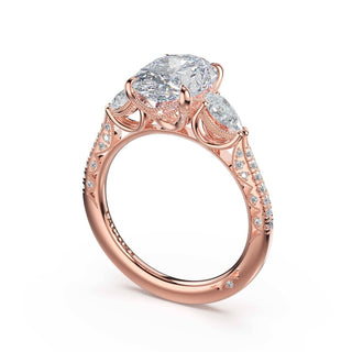 3-Stone Pear Diamond Side Oval Engagement Ring in 14kt Rose Gold