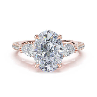 3-Stone Pear Diamond Side Oval Engagement Ring in 14kt Rose Gold