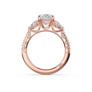 3-Stone Pear Diamond Side Oval Engagement Ring in 14kt Rose Gold
