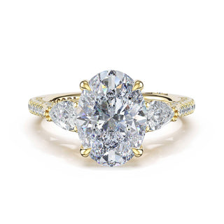 3-Stone Pear Diamond Side Oval Engagement Ring in 18kt Yellow Gold