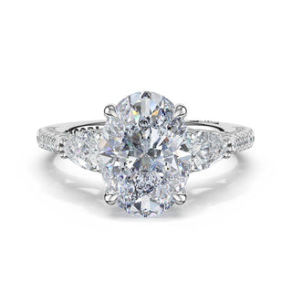 3-Stone Pear Diamond Side Oval Engagement Ring in 18kt White Gold