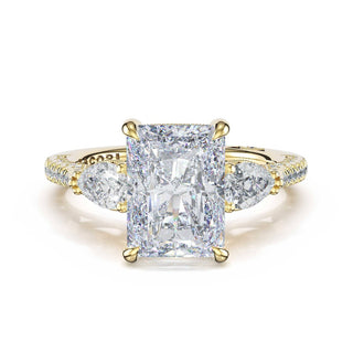 3-Stone Pear Diamond Side Radiant Engagement Ring in 14kt Yellow Gold