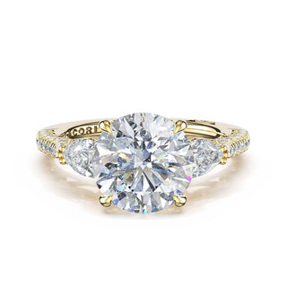 3-Stone Pear Diamond Side Round Engagement Ring in 14kt Yellow Gold