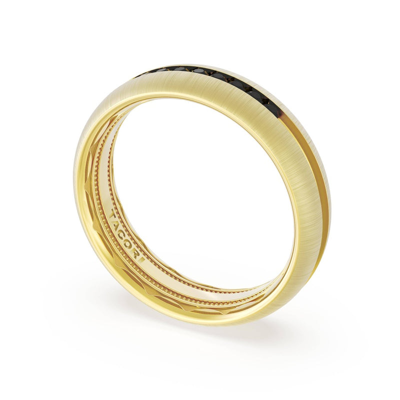 Rounded Satin Finish Black Diamond Wedding Band in 14kt Yellow Gold