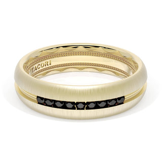Rounded Satin Finish Black Diamond Wedding Band in 14kt Yellow Gold