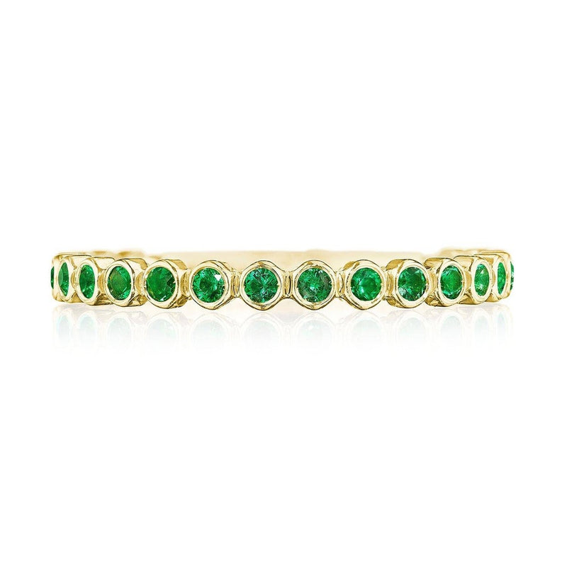 Round Bezel Droplet Wedding Band with Emerald in 14kt Yellow Gold