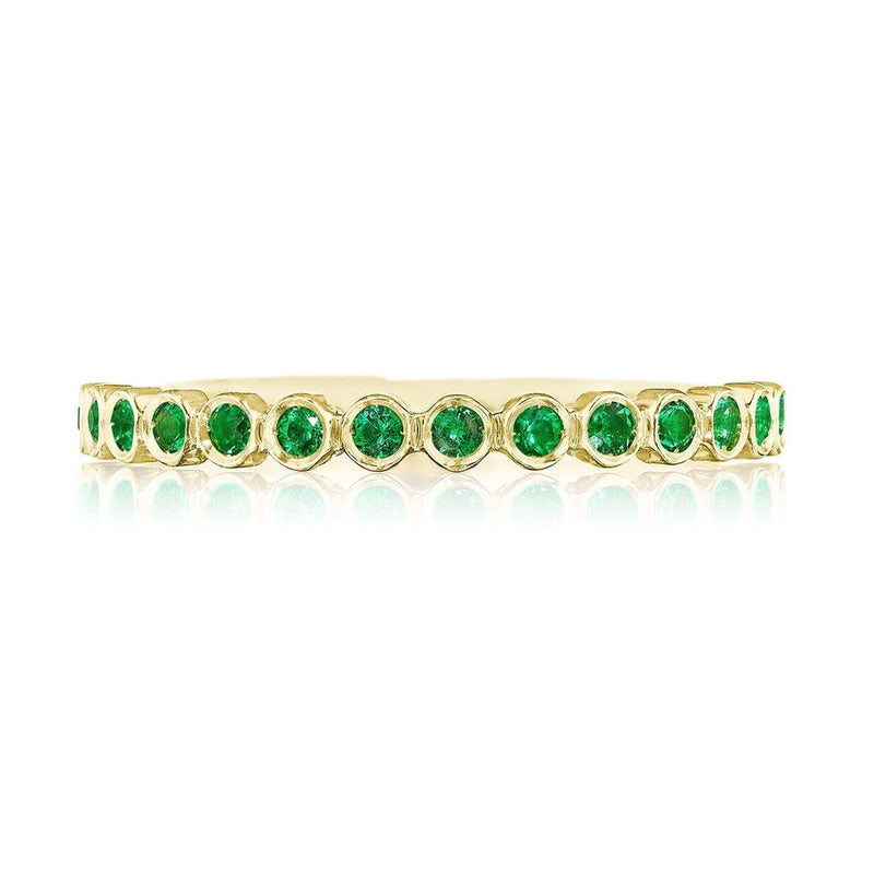 Round Bezel Droplet Wedding Band with Emerald in 14kt Yellow Gold