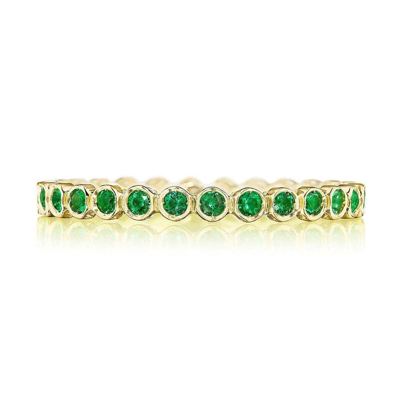 Round Bezel Droplet Wedding Band with Emerald in 14kt Yellow Gold