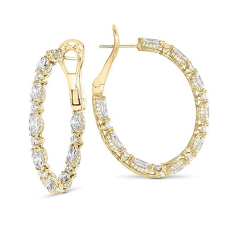 Marquise and Round Cut Oval Diamond Hoop Earrings in 14kt Yellow Gold