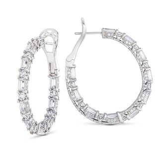 Baguette and Round Cut Oval Diamond Hoop Earrings in 14kt White Gold
