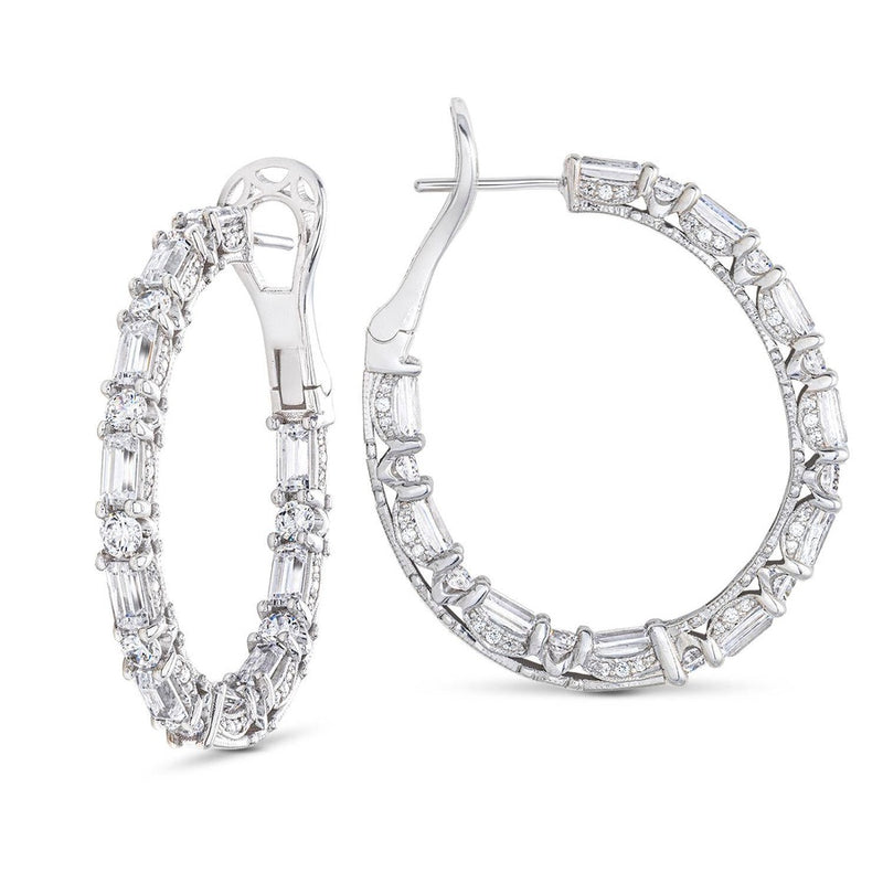 Baguette and Round Cut Oval Diamond Hoop Earrings in 14kt White Gold