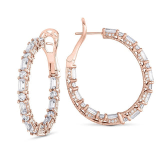 Baguette and Round Cut Oval Diamond Hoop Earrings in 14kt Rose Gold