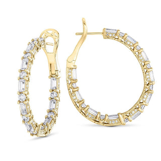 Baguette and Round Cut Oval Diamond Hoop Earrings in 14kt Yellow Gold