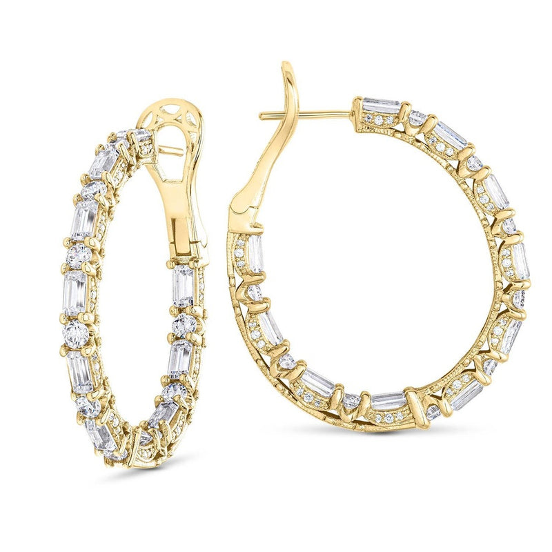 Baguette and Round Cut Oval Diamond Hoop Earrings in 14kt Yellow Gold