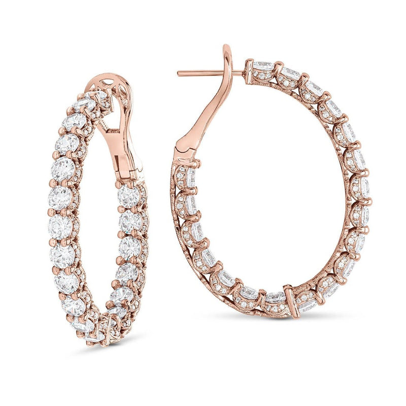 Round Cut Oval Diamond Hoop Earrings in 14kt Rose Gold