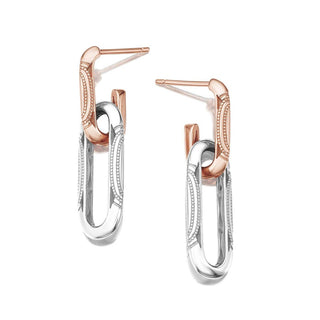 Double Link Earrings, Milgrain Two-Tone in 14kt Rose and White Gold