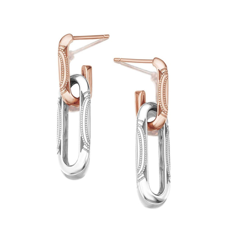 Double Link Earrings, Milgrain Two-Tone in 14kt Rose and White Gold