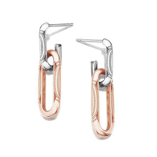 Double Link Earrings, Milgrain Two-Tone in 14kt Rose and White Gold