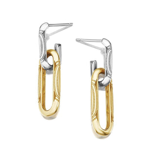 Double Link Earrings, Milgrain Two-Tone in 14kt Yellow and White Gold