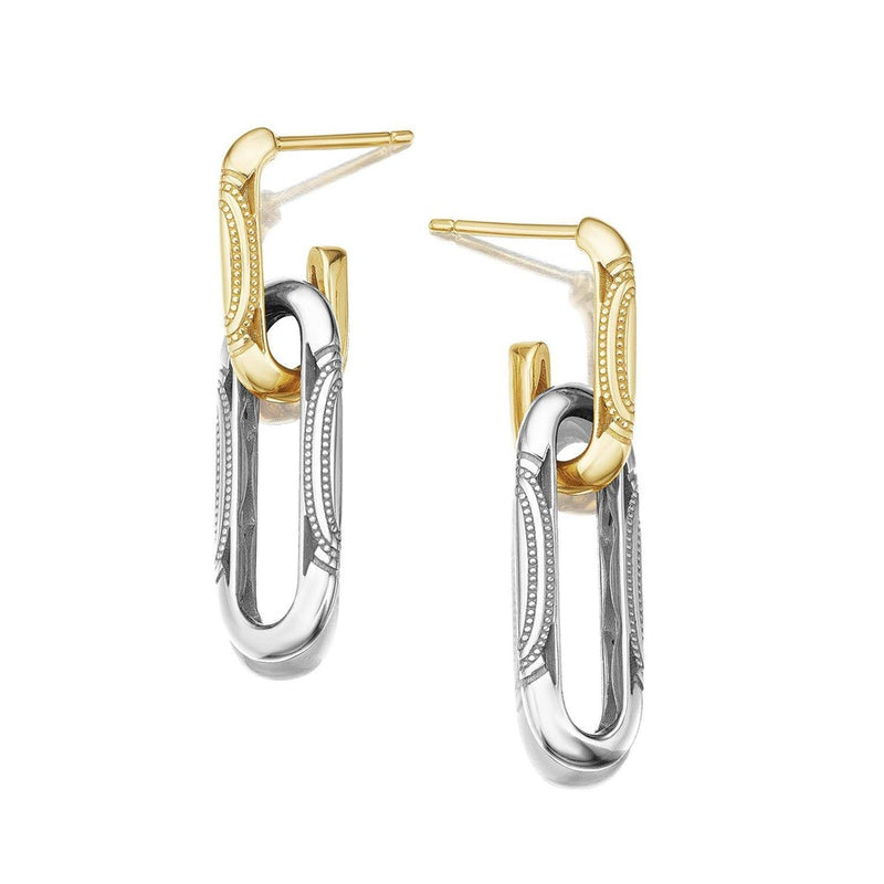 Double Link Earrings, Milgrain Two-Tone in 14kt Yellow and White Gold