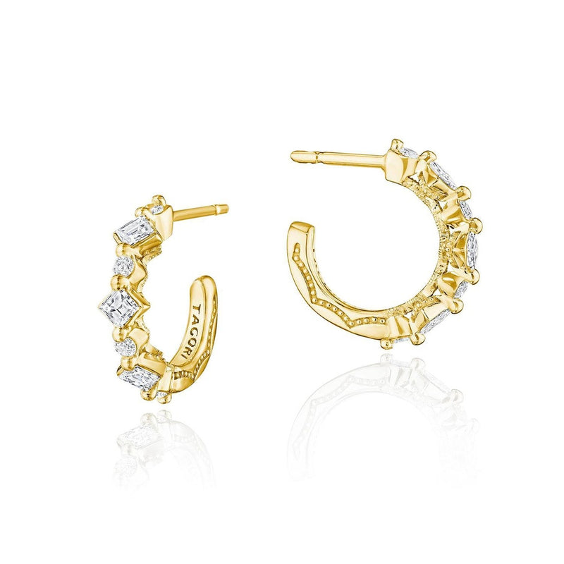Carré and Round Diamond Hoop Earrings in 14kt Yellow Gold