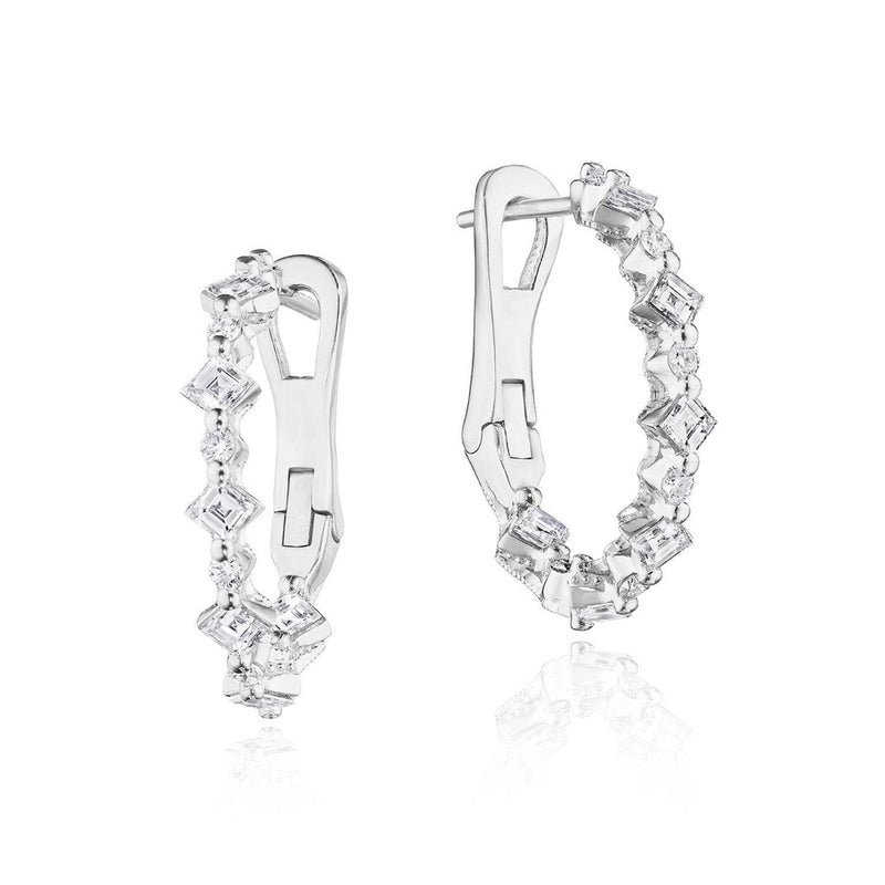 Carré and Round Small Diamond Hoop Earrings in 14kt White Gold