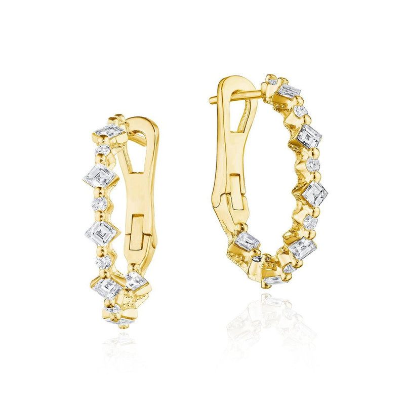 Carré and Round Small Diamond Hoop Earrings in 14kt Yellow Gold