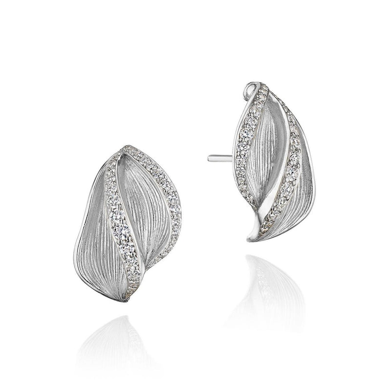 Double Petal Diamond Huggie Earrings in 14kt White Gold