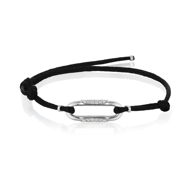Link Bracelet with Diamonds on Black Cord in 14kt White Gold