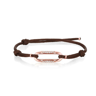 Link Bracelet with Diamonds on Brown Cord in 14kt Rose Gold