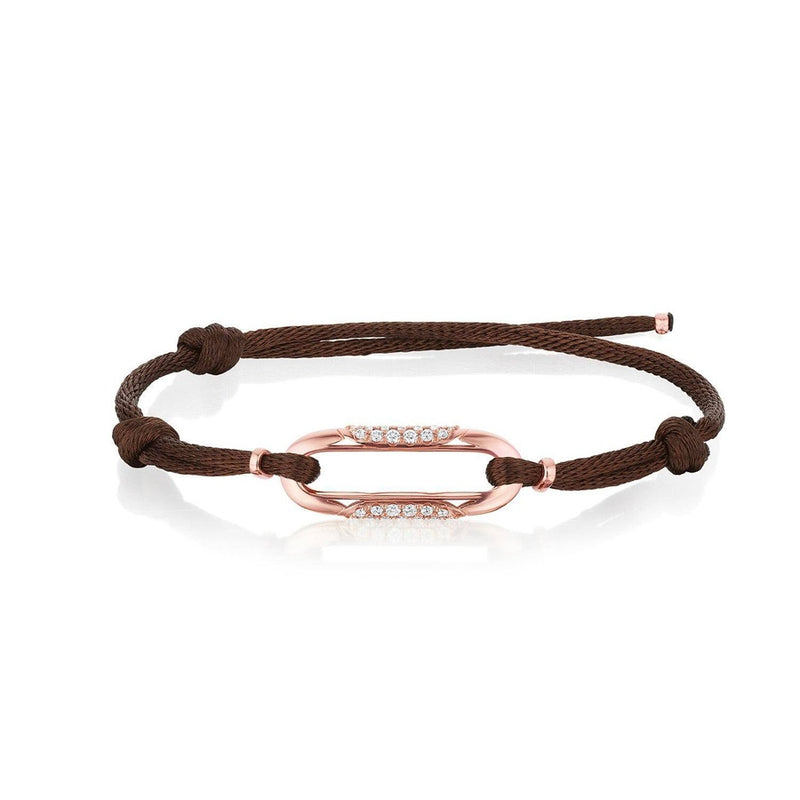 Link Bracelet with Diamonds on Brown Cord in 14kt Rose Gold