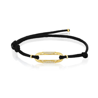 Link Bracelet with Diamonds on Black Cord in 14kt Yellow Gold