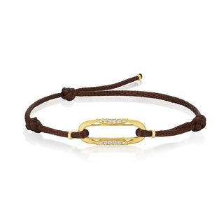 Link Bracelet with Diamonds on Brown Cord in 14kt Yellow Gold