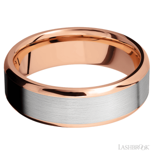 7 mm wide/Beveled/14K Rose Gold band with one 5 mm Centered inlay of 14K White Gold.