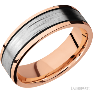 7 mm wide/Flat/14K Rose Gold band with one 4 mm Centered inlay of 14K White Gold.
