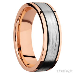 7 mm wide/Flat/14K Rose Gold band with one 4 mm Centered inlay of 14K White Gold.