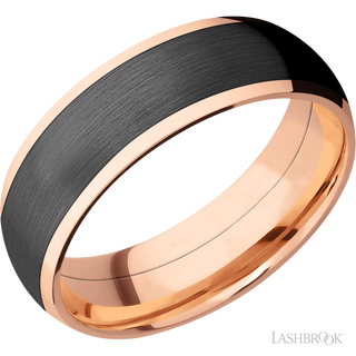 7 mm wide/Domed/14K Rose Gold band with one 5 mm Centered inlay of Zirconium.