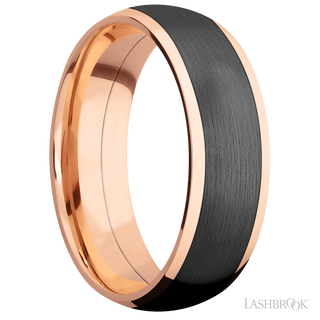 7 mm wide/Domed/14K Rose Gold band with one 5 mm Centered inlay of Zirconium.