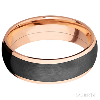 7 mm wide/Domed/14K Rose Gold band with one 5 mm Centered inlay of Zirconium.