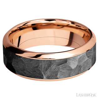 8 mm wide/High Bevel/14K Rose Gold band with one 5 mm Centered inlay of Zirconium.