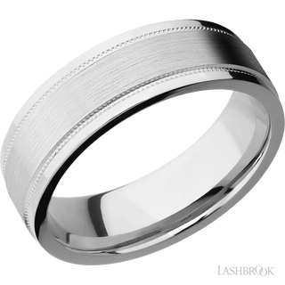 7 mm wide Flat Stepped Edges Milgrain 14K White Gold band.