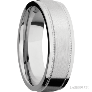 7 mm wide Flat Stepped Edges Milgrain 14K White Gold band.