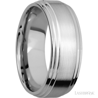 8 mm wide Flat Double Stepped Edges 14K White Gold band.
