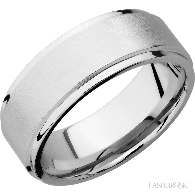 8 mm wide Flat Grooved Edges 14K White Gold band.